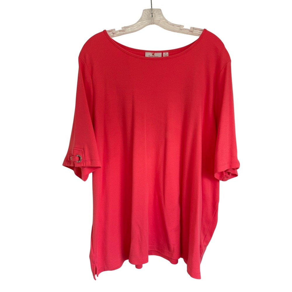 Quacker Factory Coral Pink Rhinestone Tab Sleeve Knit Top 3X Plus Size Boat Neck